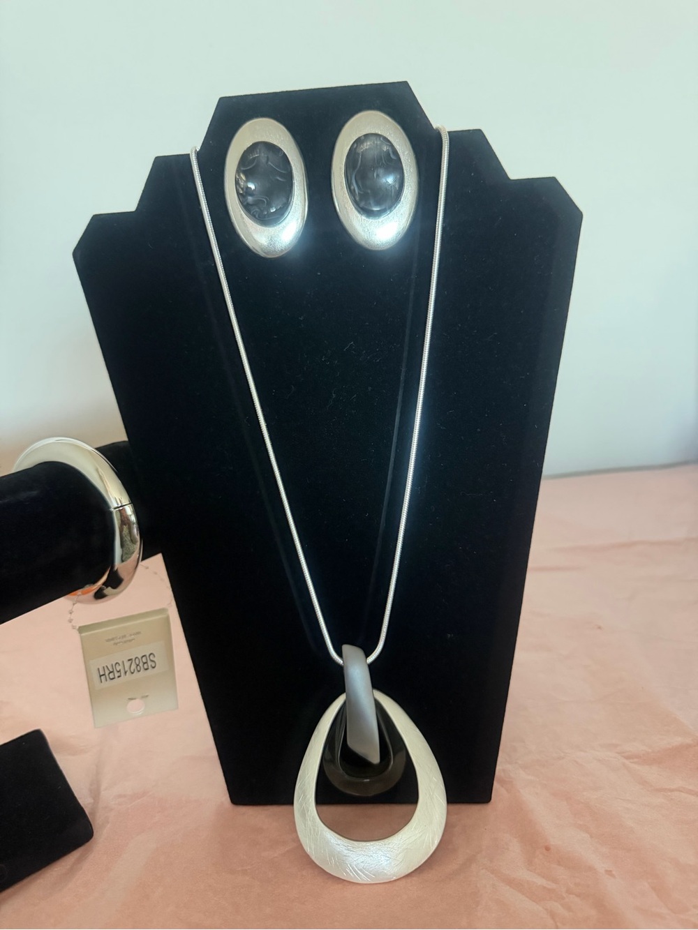 Silver Tone Pendant Necklace,Bracelet & Earrings Set - Black Accents